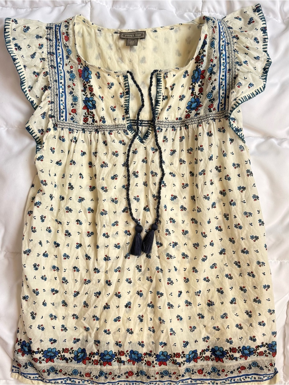 J.Crew Point Sur Floral Cotton Tassel Tie Peasant Blouse S/T